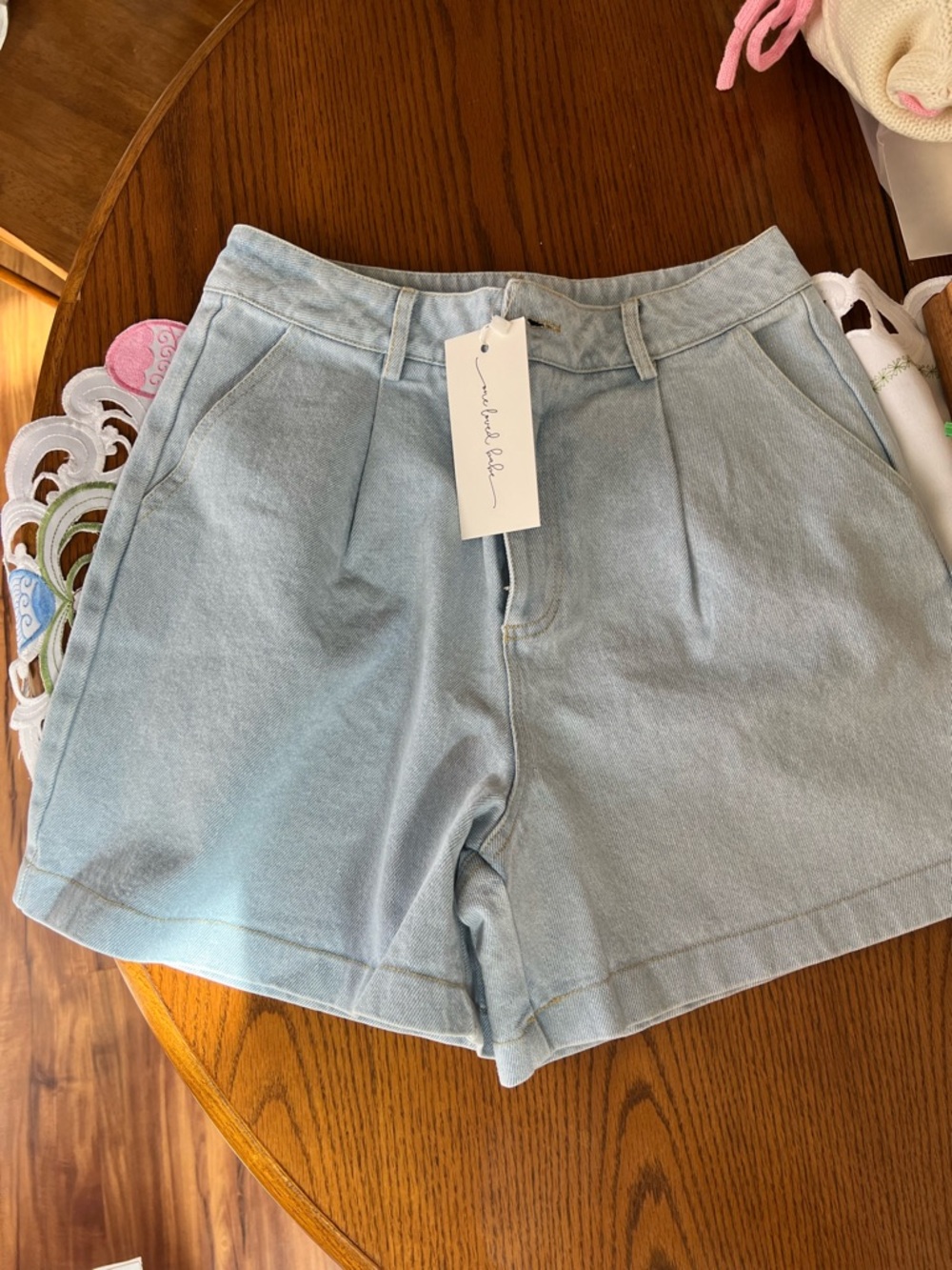 Washed Light Blue High-Waist Pleated Women's Shorts